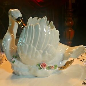 Elegant Vintage Dresden White Swan Figurine Planter with Gold Accents W/ Flowers